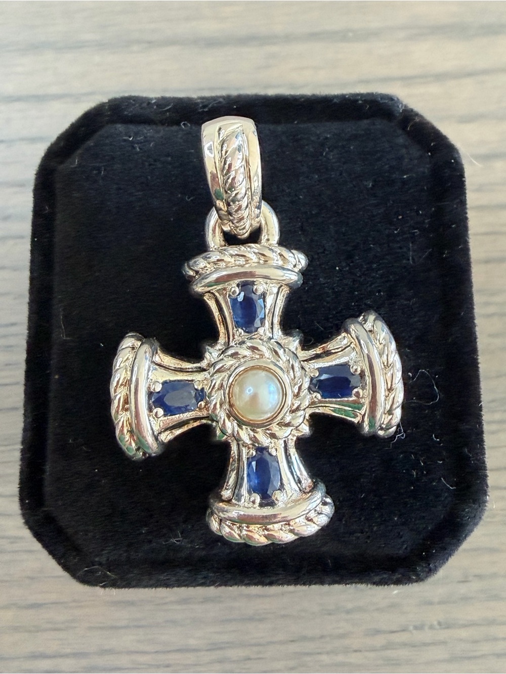 Judith Ripka Sterling Silver Pendant Enhancer Maltese Cross Pearl & Sapphire